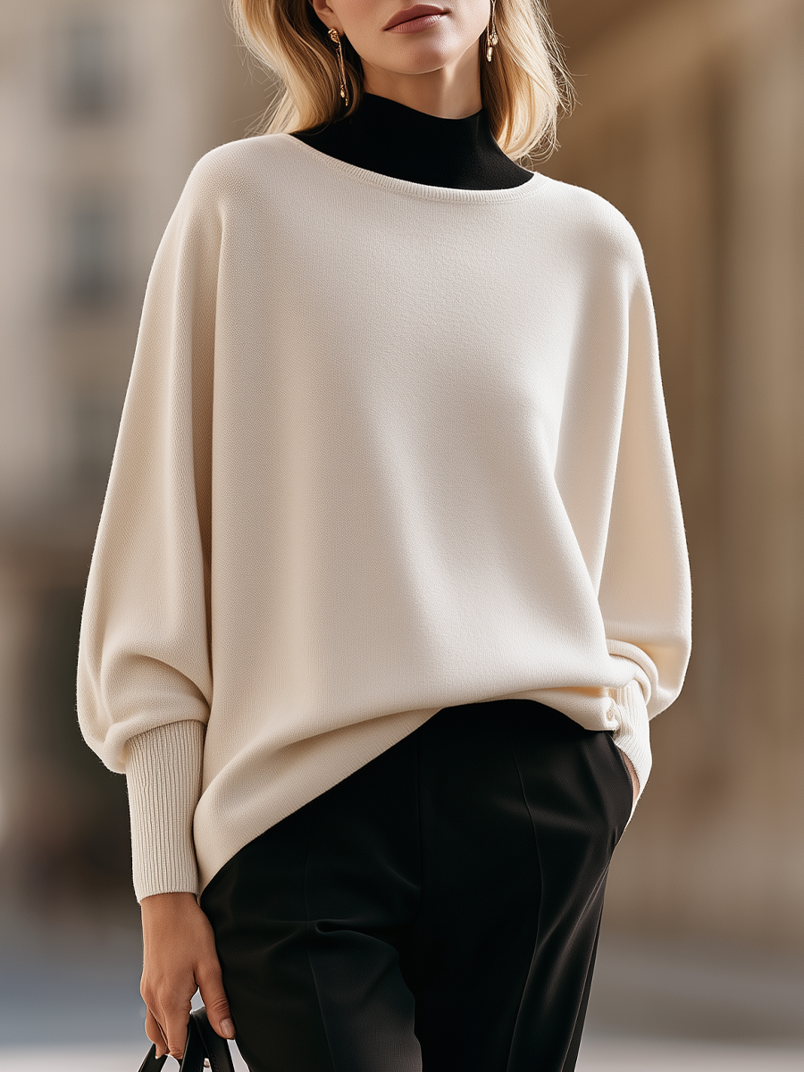 Batwing Sleeve Sweater With Round Neckline And Ribbed Cuffs
