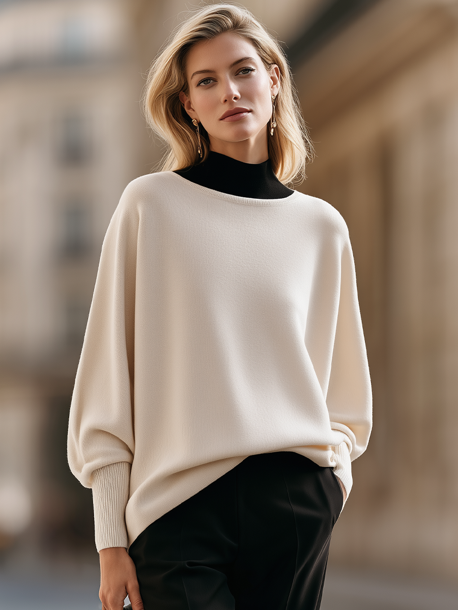 Batwing Sleeve Sweater With Round Neckline And Ribbed Cuffs