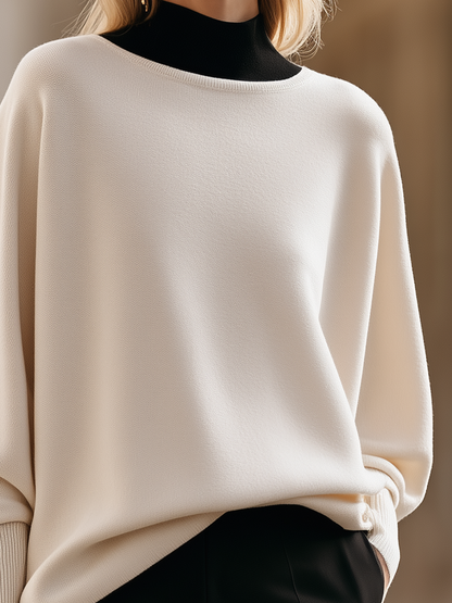 Batwing Sleeve Sweater With Round Neckline And Ribbed Cuffs