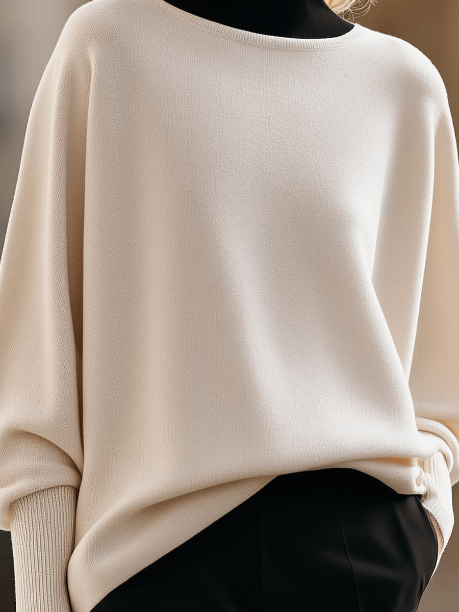 Batwing Sleeve Sweater With Round Neckline And Ribbed Cuffs