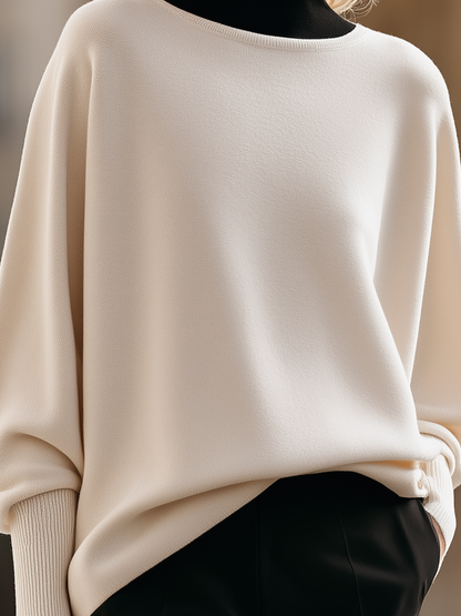 Batwing Sleeve Sweater With Round Neckline And Ribbed Cuffs