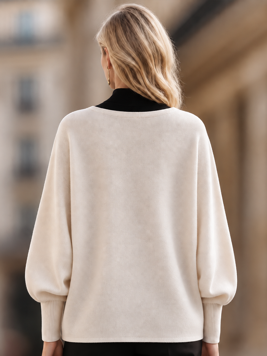 Batwing Sleeve Sweater With Round Neckline And Ribbed Cuffs