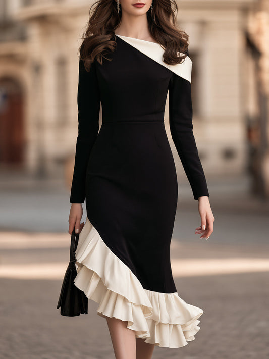 Contrast Ruffle Asymmetrical Midi Dress