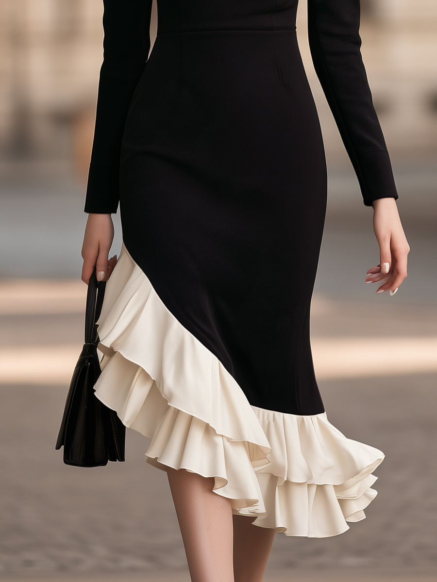 Contrast Ruffle Asymmetrical Midi Dress