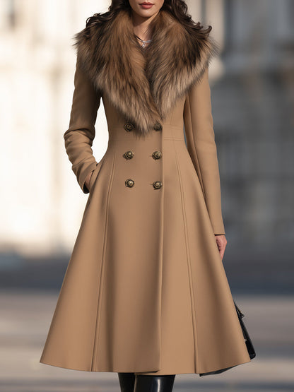 Double-Breasted Fit-and-Flare Coat With Plush Fur Shawl Collar