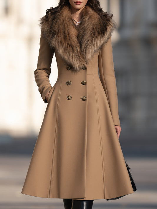 Double-Breasted Fit-and-Flare Coat With Plush Fur Shawl Collar
