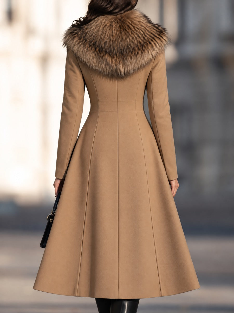 Double-Breasted Fit-and-Flare Coat With Plush Fur Shawl Collar