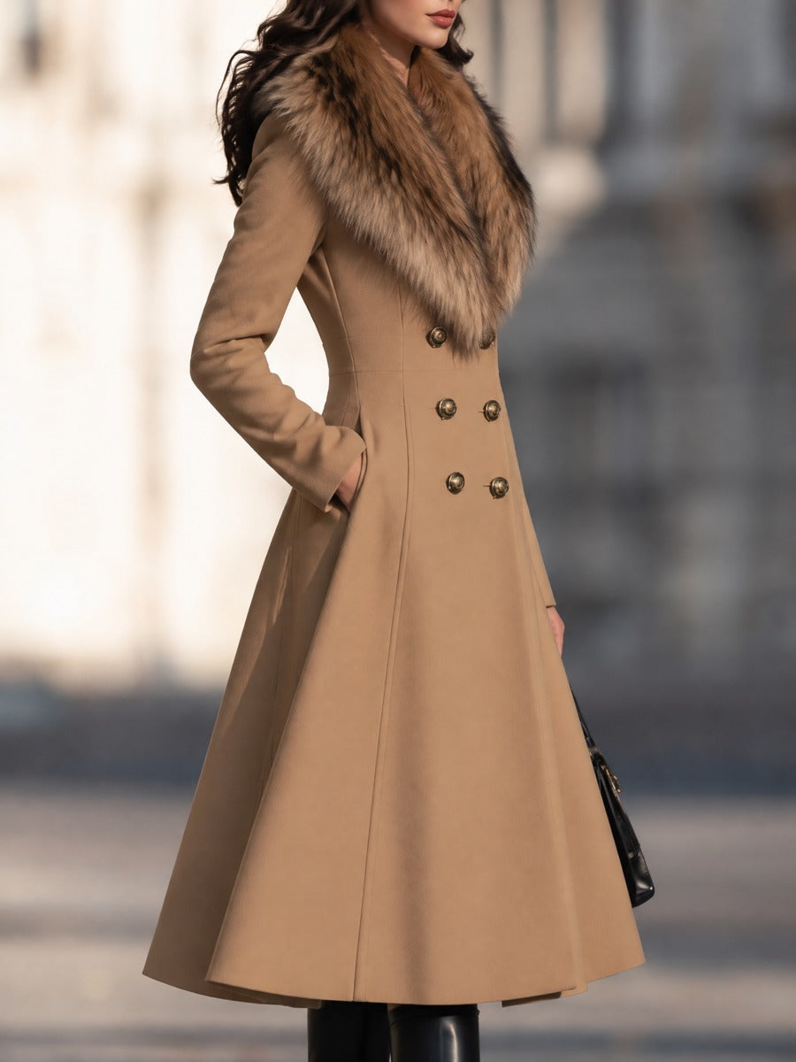 Double-Breasted Fit-and-Flare Coat With Plush Fur Shawl Collar