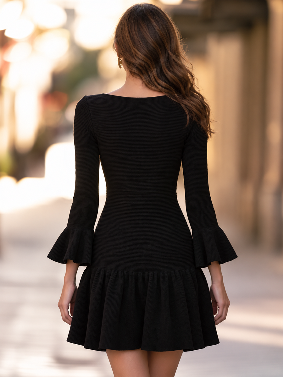 Boat Neck Mini Dress With Bell Sleeves And Drop-Waist Ruffle Skirt