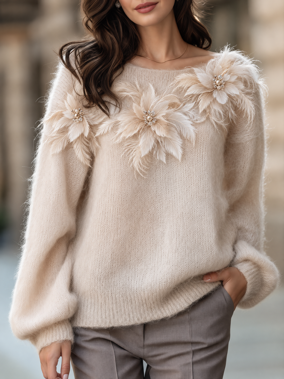 Feather And Pearl Appliqué Boat-Neck Fuzzy Knit Sweater