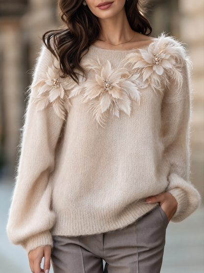 Feather And Pearl Appliqué Boat-Neck Fuzzy Knit Sweater