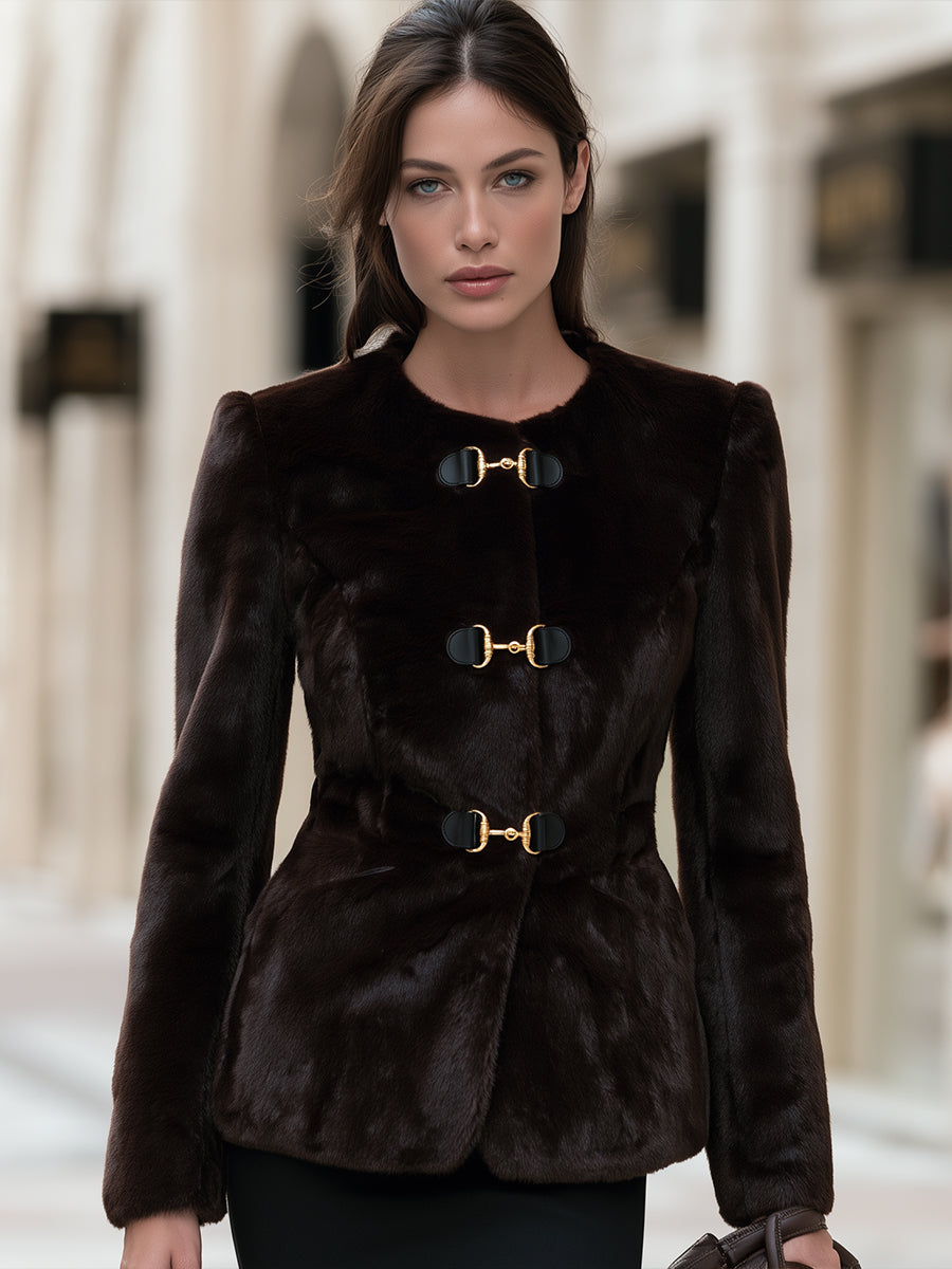 Round-Neck Faux Fur Jacket With Gold-Tone Toggle Clasps