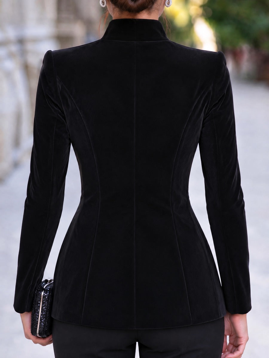 Center Sequin Panel Stand Collar Velvet Blazer