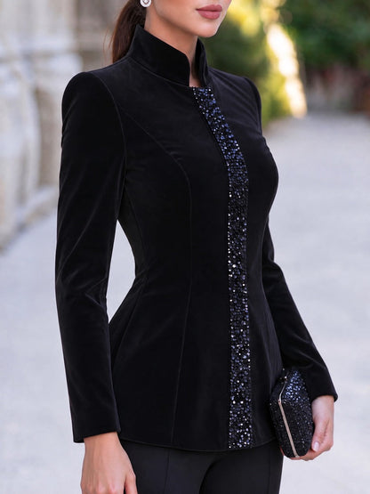 Center Sequin Panel Stand Collar Velvet Blazer