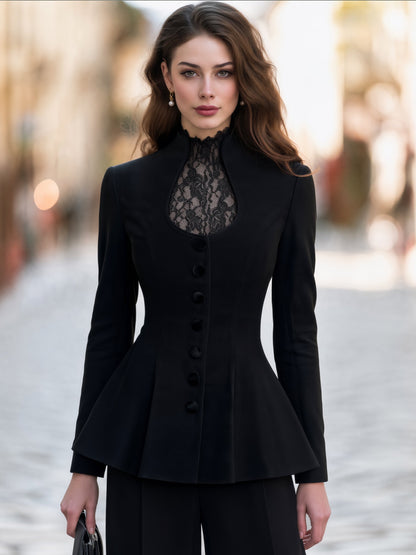 Lace-Panel Peplum Tailored Jacket
