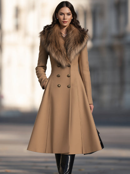 Double-Breasted Fit-and-Flare Coat With Plush Fur Shawl Collar
