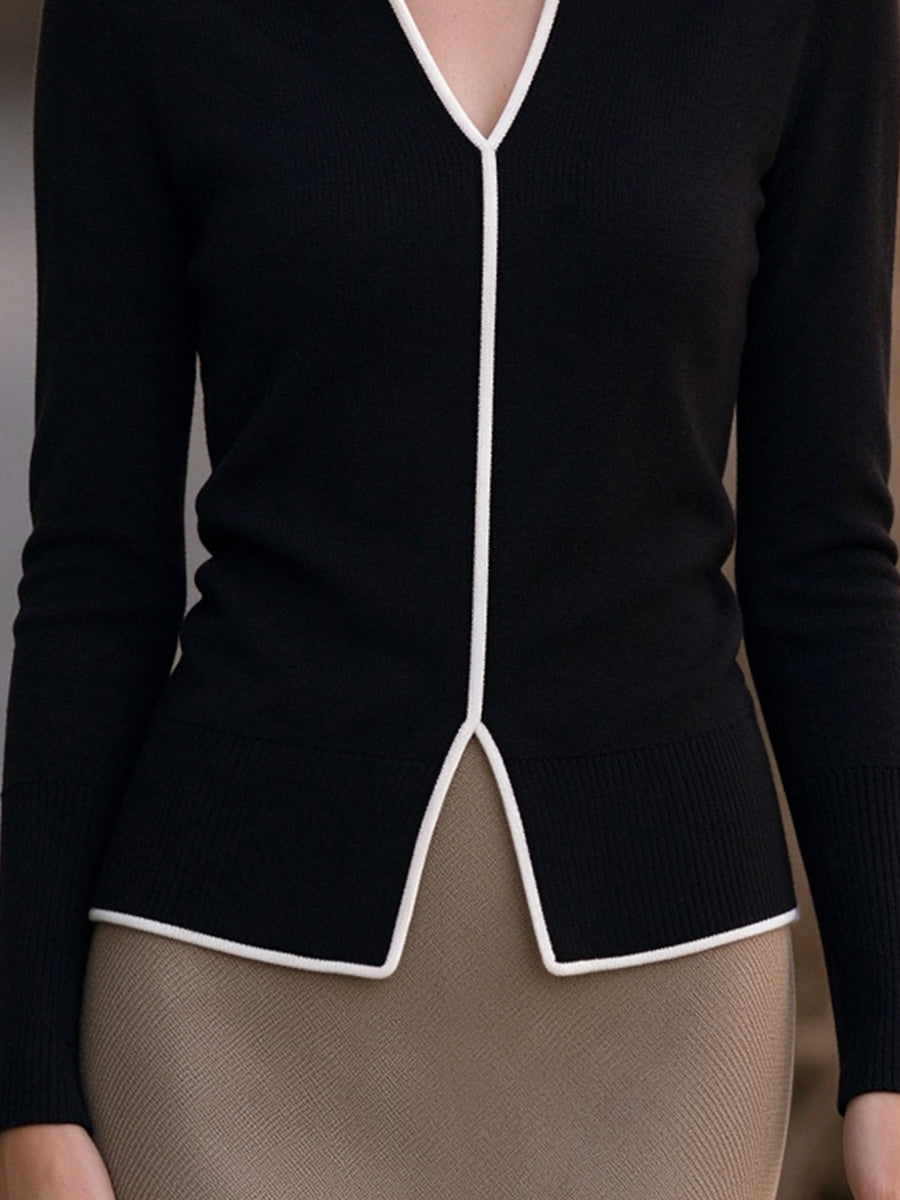 Contrast Trim Split-Hem V-Neck Fine Knit Sweater