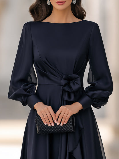 Floral Detail Lantern Sleeves Cascading Ruffle A-Line Midi Dress