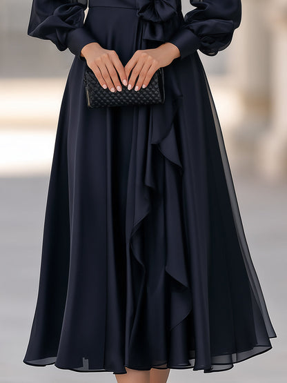 Floral Detail Lantern Sleeves Cascading Ruffle A-Line Midi Dress
