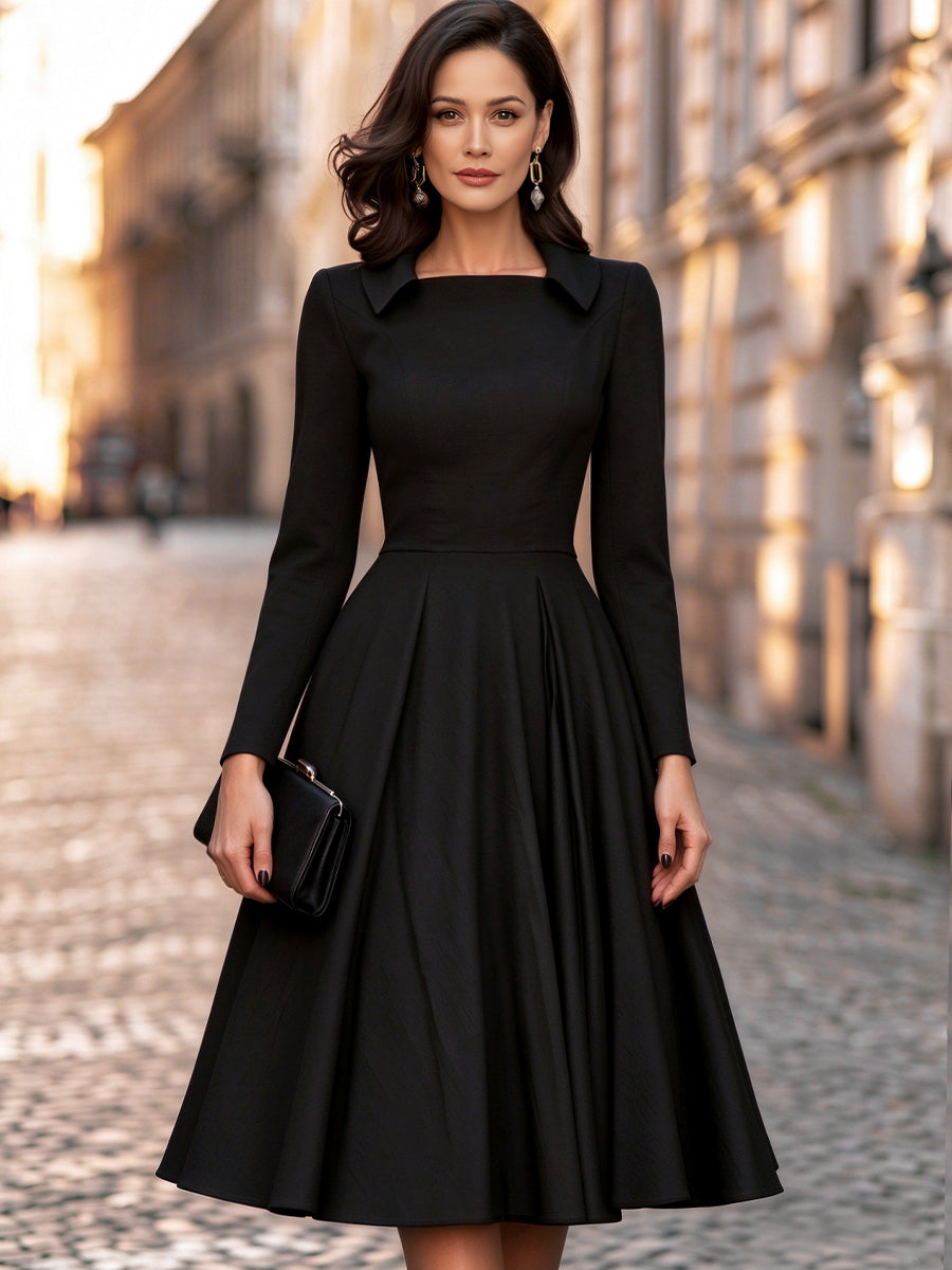 Collared Long Sleeve Pleated A-Line Midi Dress
