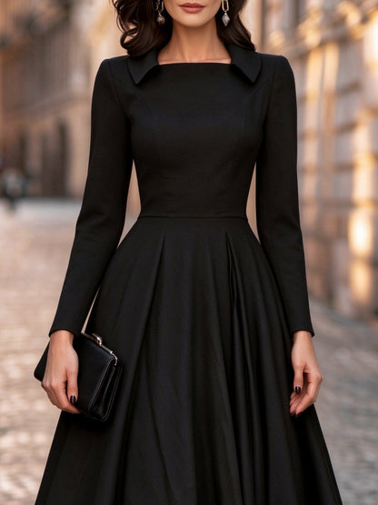 Collared Long Sleeve Pleated A-Line Midi Dress
