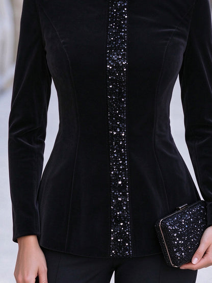 Center Sequin Panel Stand Collar Velvet Blazer