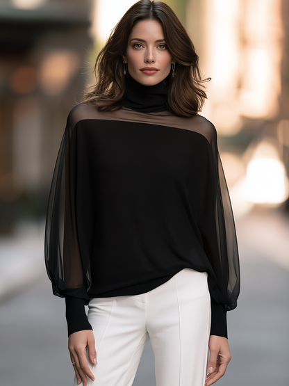 High Neck Top With Sheer Yoke And Balloon Sleeves