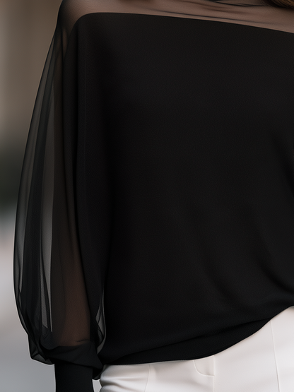 High Neck Top With Sheer Yoke And Balloon Sleeves