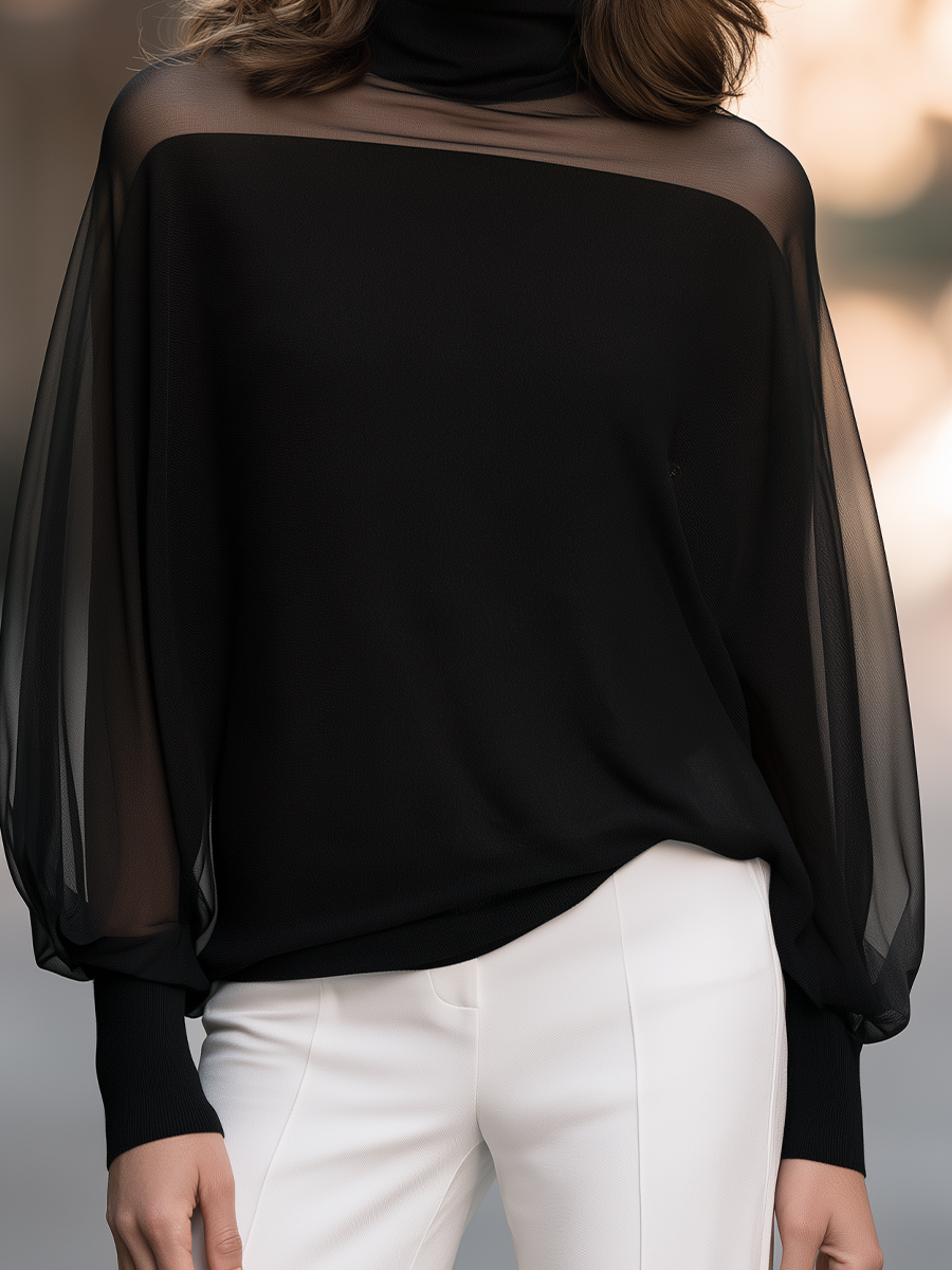 High Neck Top With Sheer Yoke And Balloon Sleeves