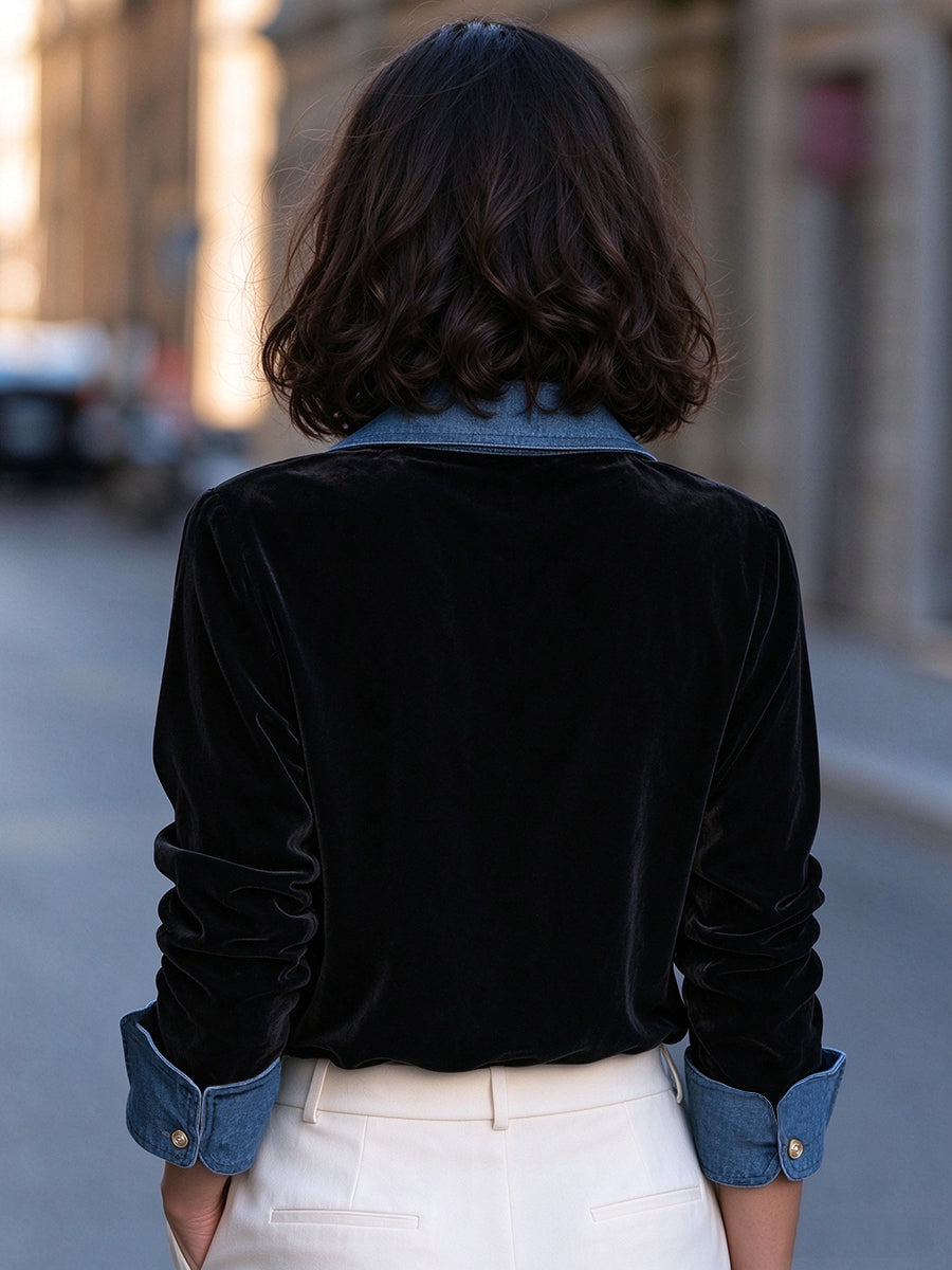 Faux Denim-Contrast Velvet V-Neck Top