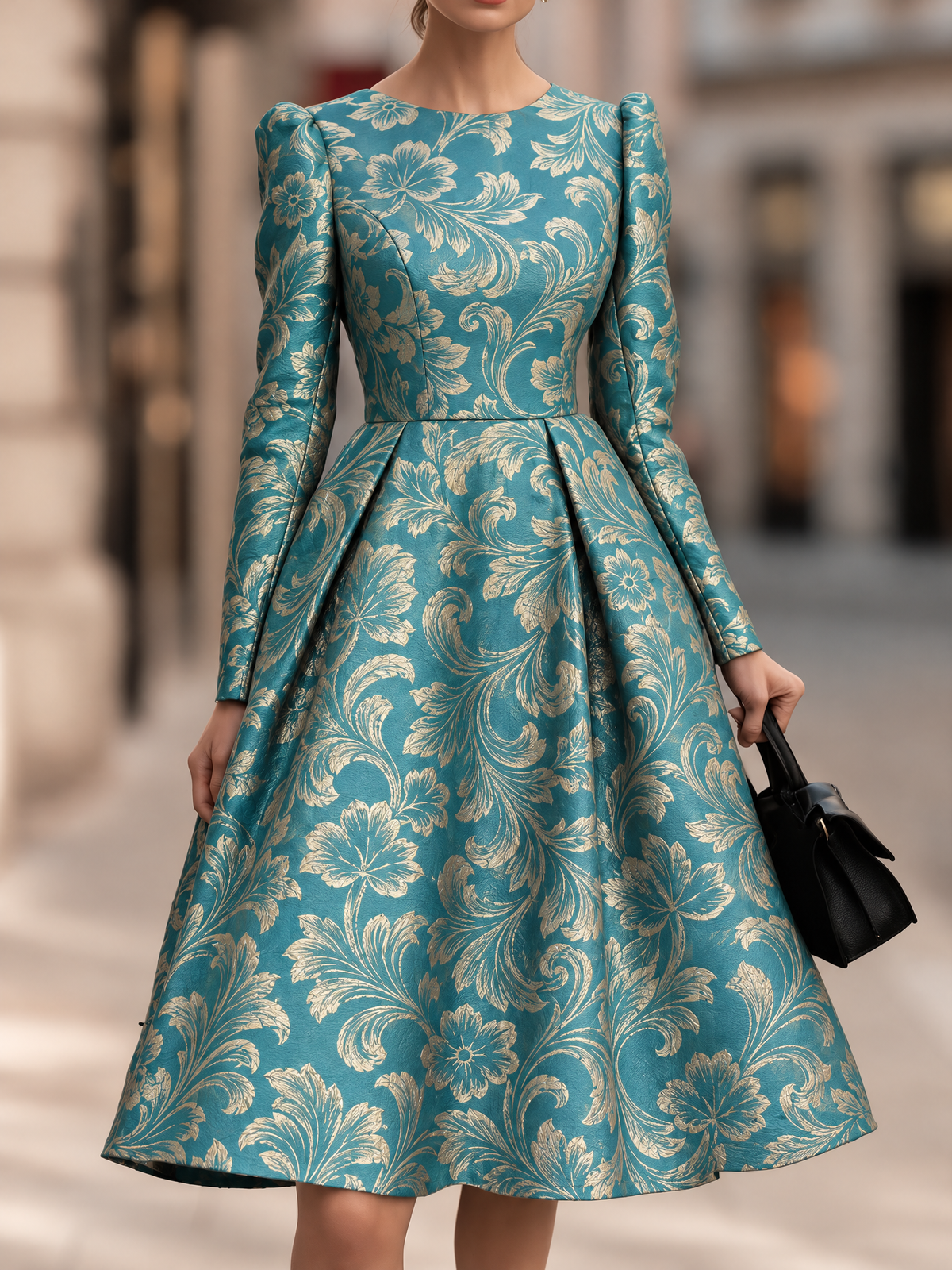 Teal Floral Jacquard Long Sleeve Midi Dress – Puff Shoulder Pleated A-Line Dress