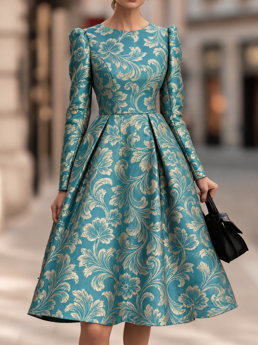 Teal Floral Jacquard Long Sleeve Midi Dress – Puff Shoulder Pleated A-Line Dress