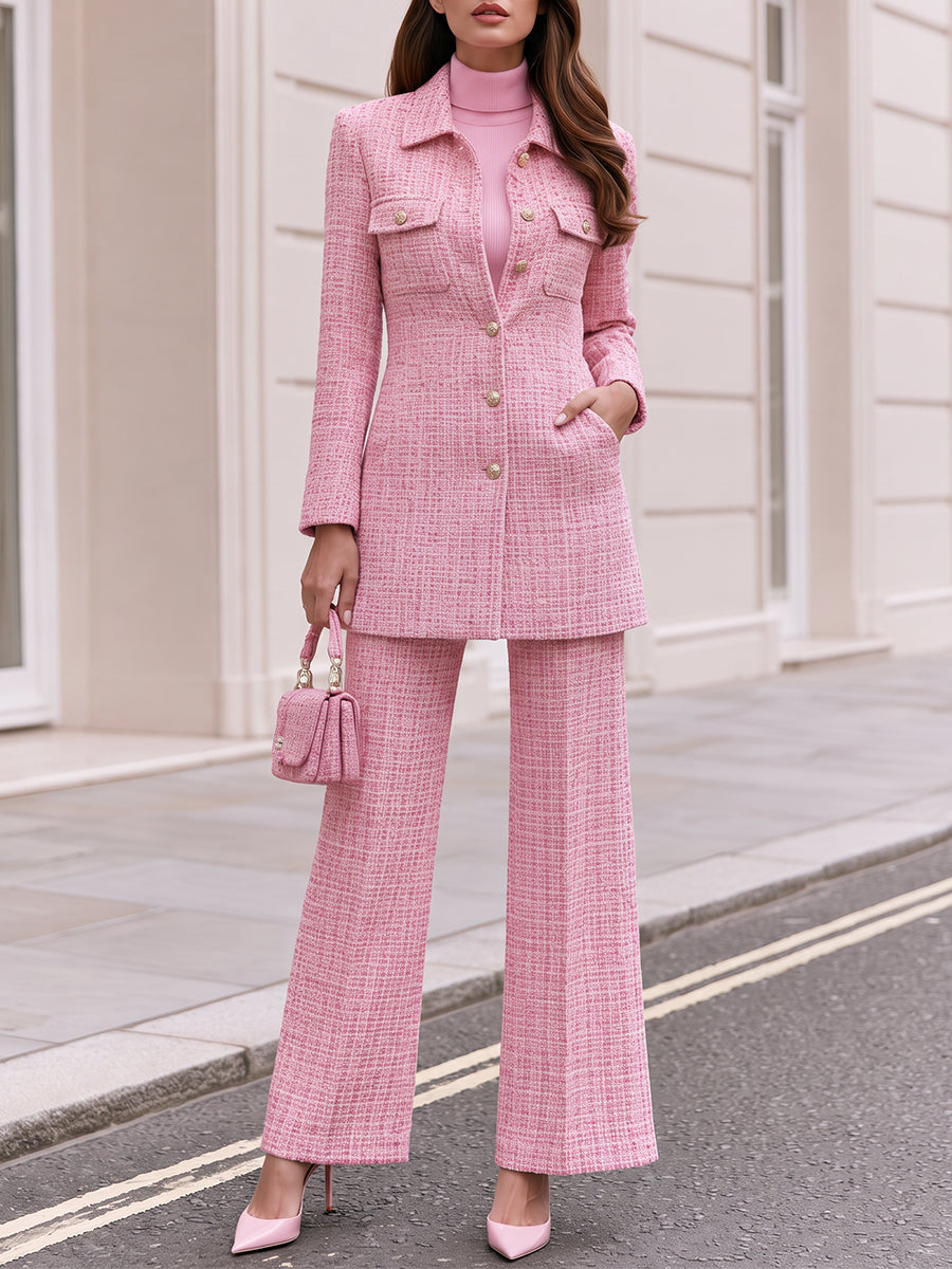 Collared Longline Jacket & High Waist Wide Leg Trousers Two Piece Outfit