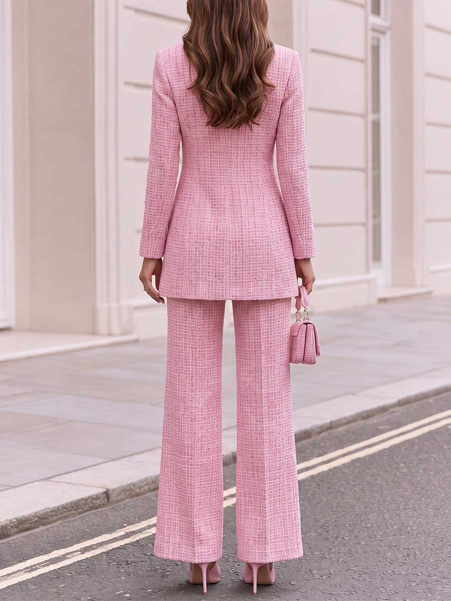 Collared Longline Jacket & High Waist Wide Leg Trousers Two Piece Outfit