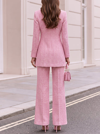 Collared Longline Jacket & High Waist Wide Leg Trousers Two Piece Outfit