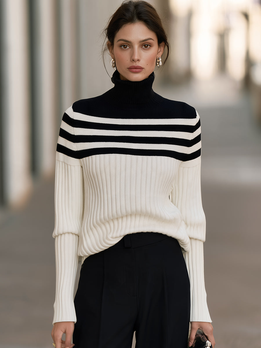 Turtleneck Striped Yoke Ribbed Knit Sweater