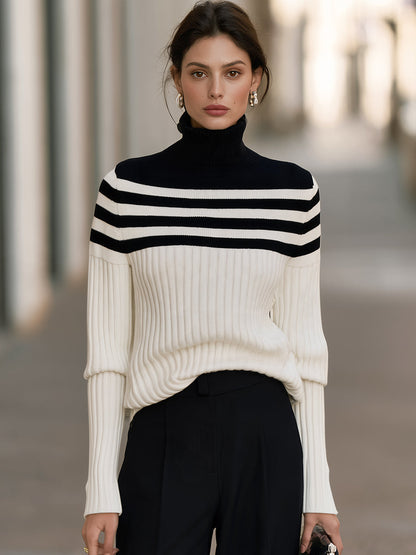 Turtleneck Striped Yoke Ribbed Knit Sweater