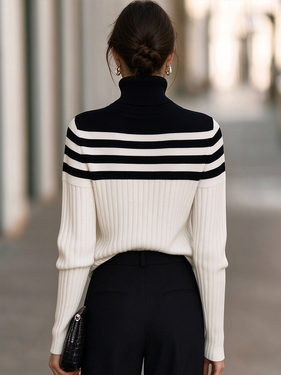 Turtleneck Striped Yoke Ribbed Knit Sweater