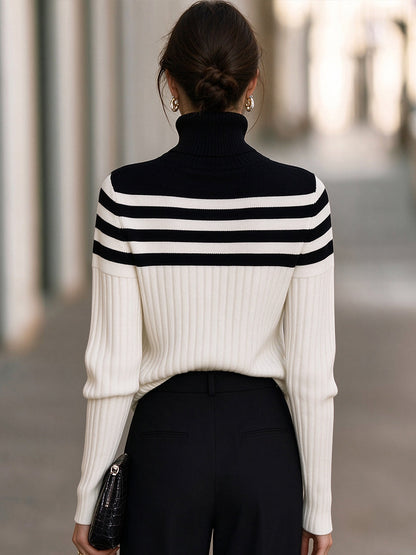 Turtleneck Striped Yoke Ribbed Knit Sweater