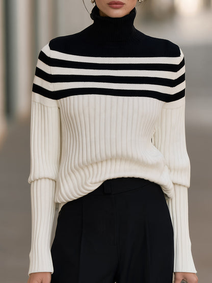 Turtleneck Striped Yoke Ribbed Knit Sweater