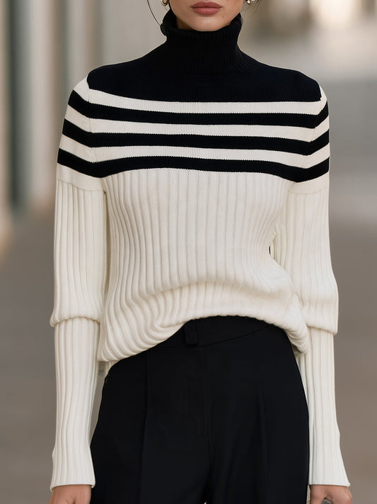 Turtleneck Striped Yoke Ribbed Knit Sweater