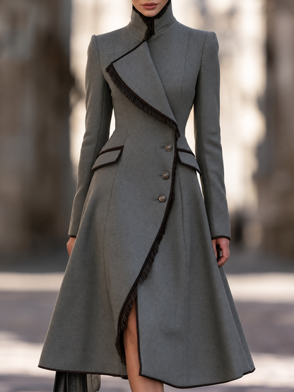 Elegant Grey Long Wool-Look Coat with Asymmetric Fringe Lapel and Flared A-Line Hem