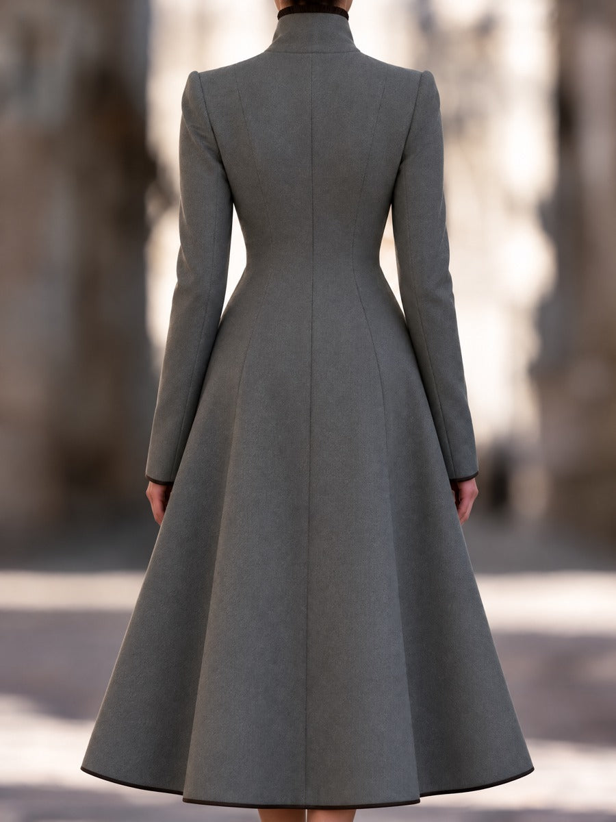 Elegant Grey Long Wool-Look Coat with Asymmetric Fringe Lapel and Flared A-Line Hem