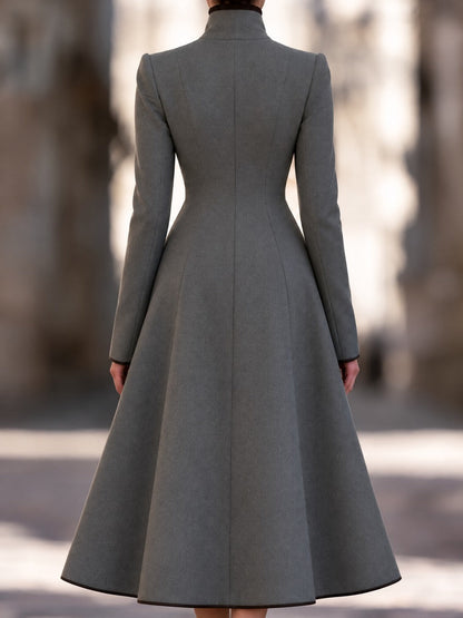 Elegant Grey Long Wool-Look Coat with Asymmetric Fringe Lapel and Flared A-Line Hem