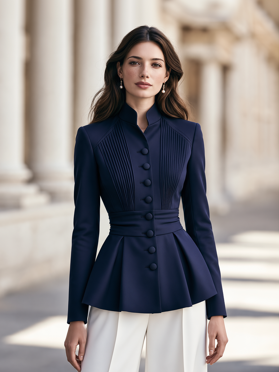Vertical Pleat Detail Tailored Peplum Formal Blazer