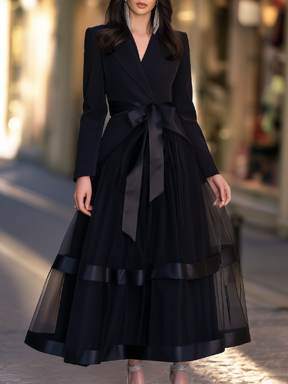 Blazer Bodice Gown With Bow Sash And Sheer Tiered Skirt