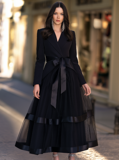 Blazer Bodice Gown With Bow Sash And Sheer Tiered Skirt