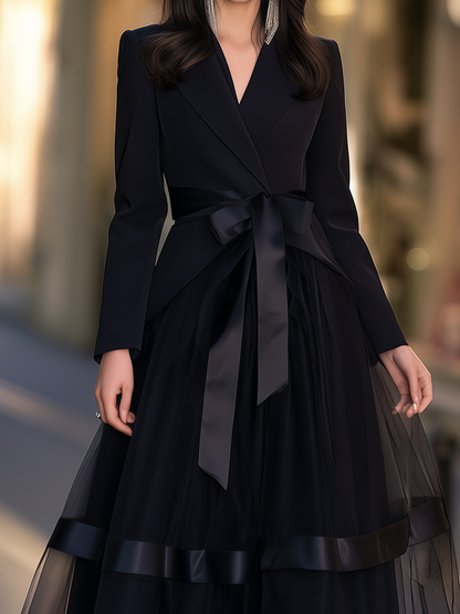 Blazer Bodice Gown With Bow Sash And Sheer Tiered Skirt