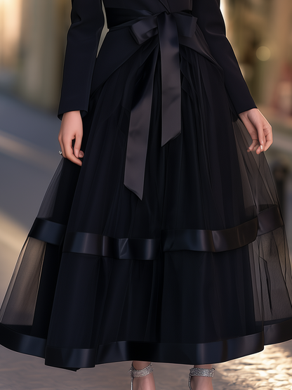 Blazer Bodice Gown With Bow Sash And Sheer Tiered Skirt