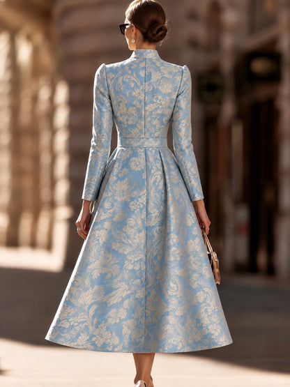Light Blue Baroque Floral Wrap Midi Dress